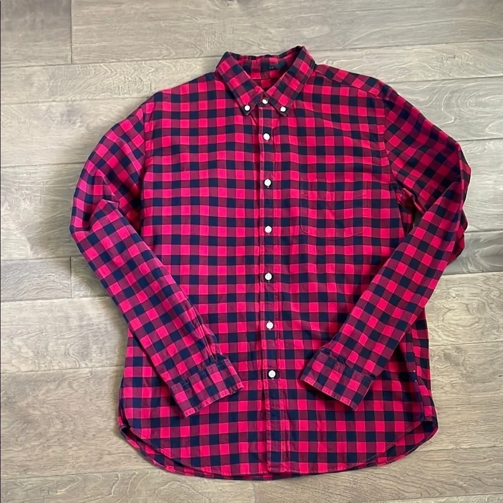 J Crew Oxford Slim Buffalo Plaid Button Down Red Black Plaid Men’s Large